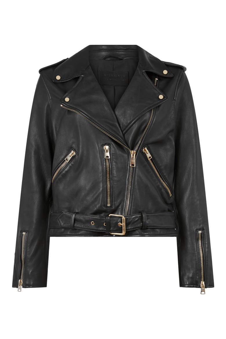 Balfern Sheepskin Leather Biker Jacket, Alternate, color, BLACK/ GOLD