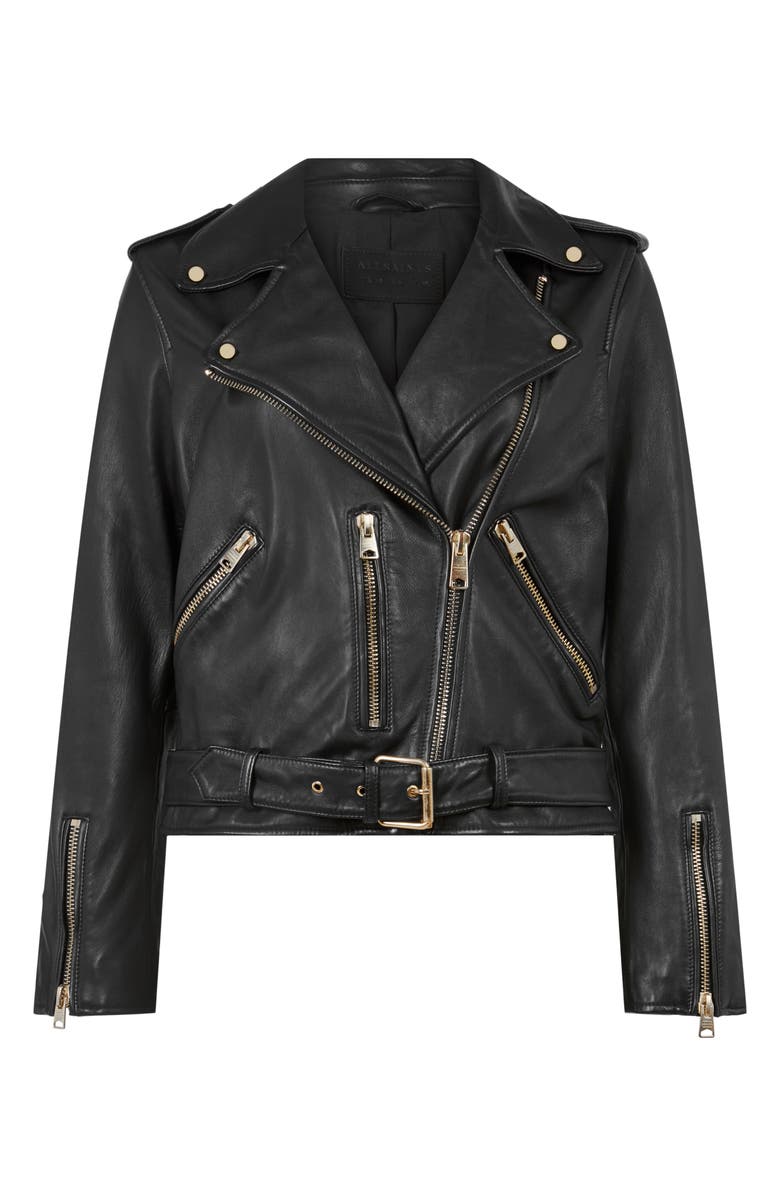 AllSaints Balfern Sheepskin Leather Biker Jacket, Alternate, color, Black/ Gold