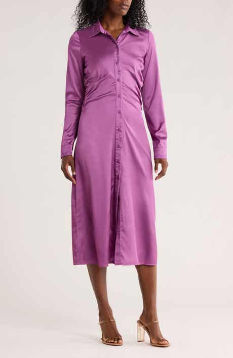 JACQUIE THE LABEL Madison Ruched Long Sleeve Satin Midi Shirtdress