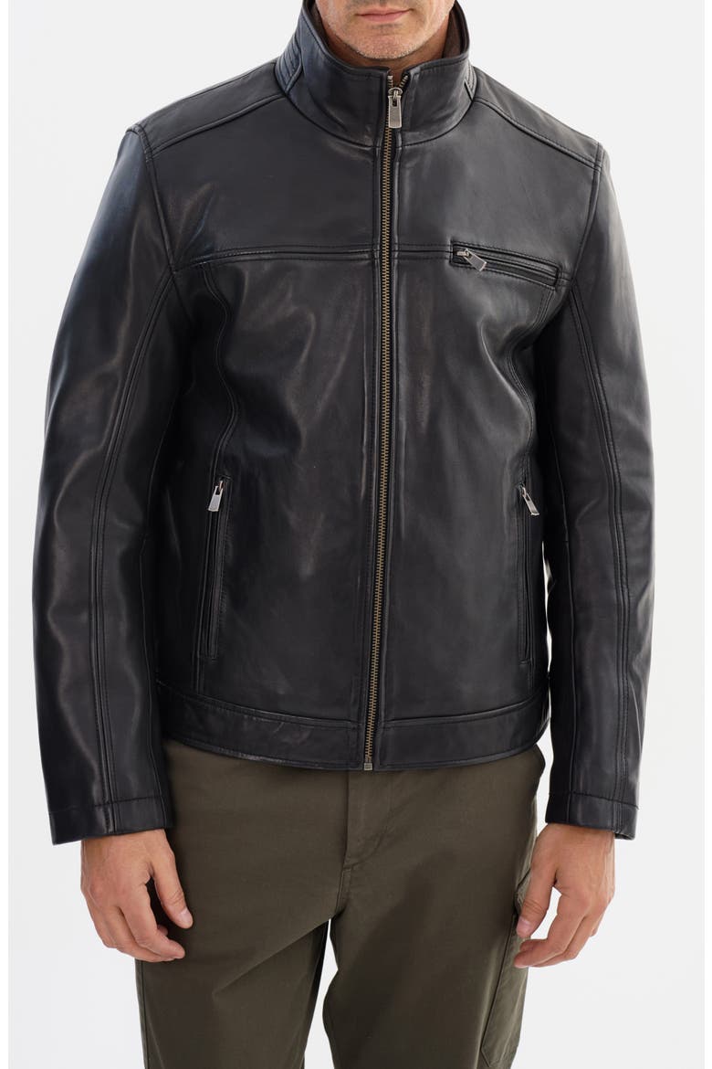 Leather Bomber Jacket, Main, color, BLACK
