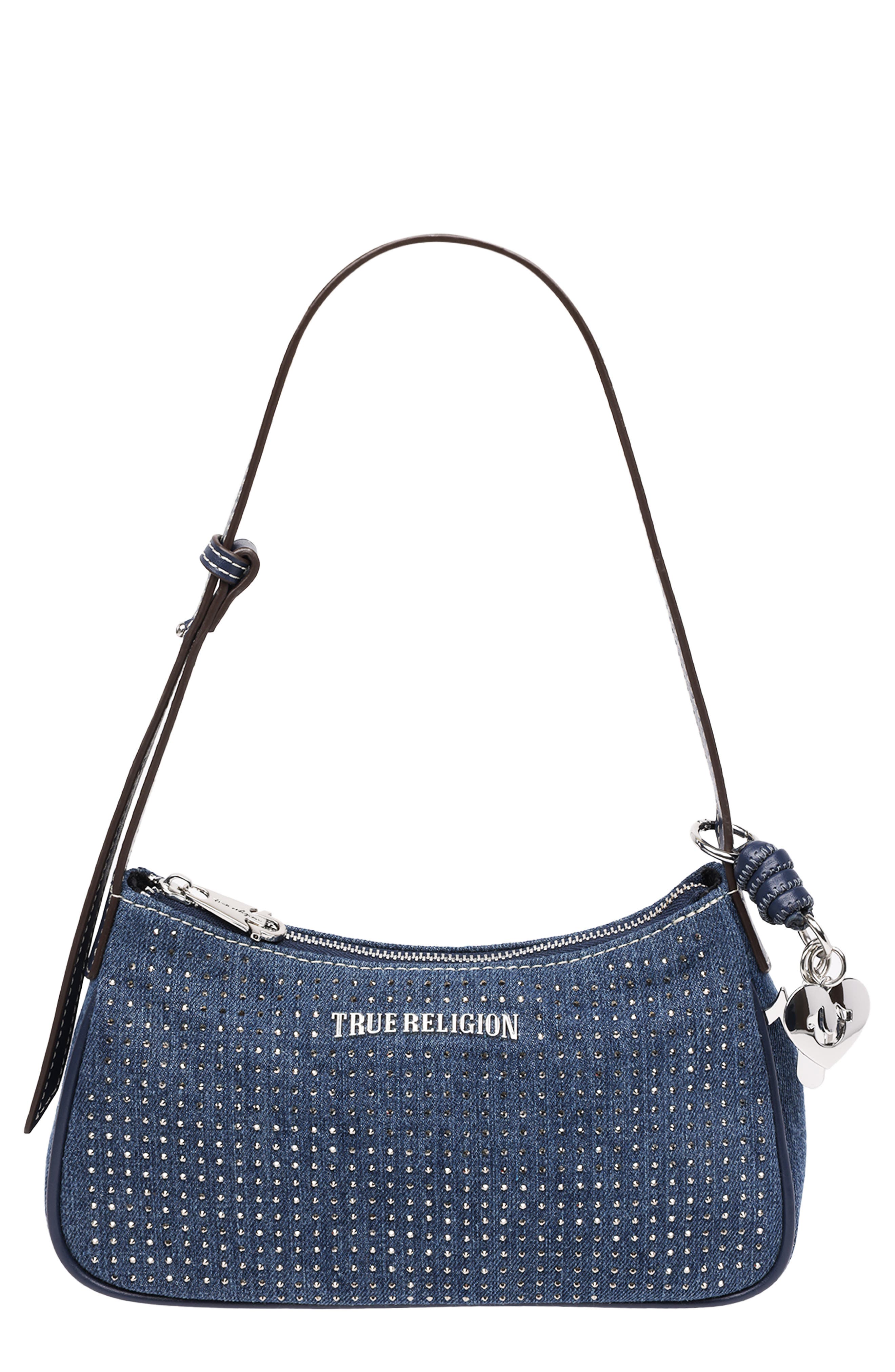 True Religion Embellished Denim Shoulder Bag, Main, color, 