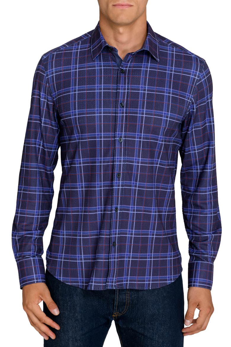 Slim Fit Textured Winston Plaid Performance Long Sleeve Shirt, Main, color, DARK PURPLE