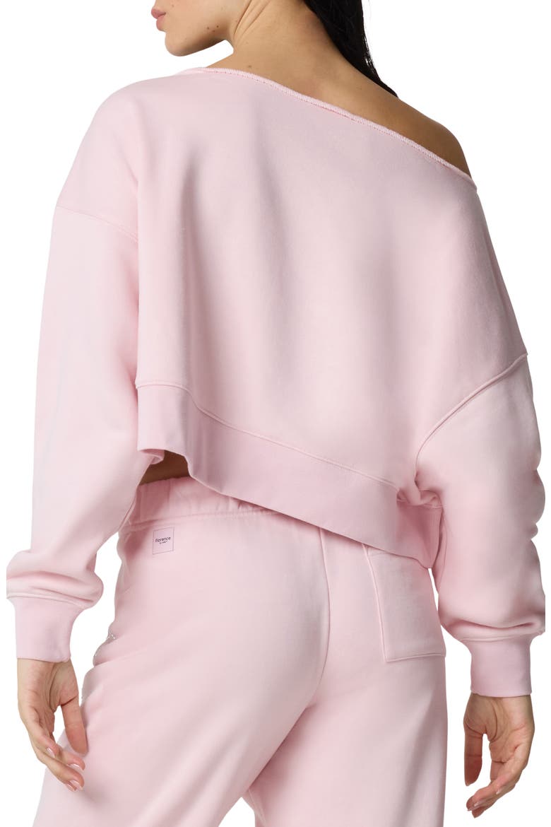 Crystal Bow Off the Shoulder Crop Sweatshirt, Alternate, color, BALLET SLIPPER