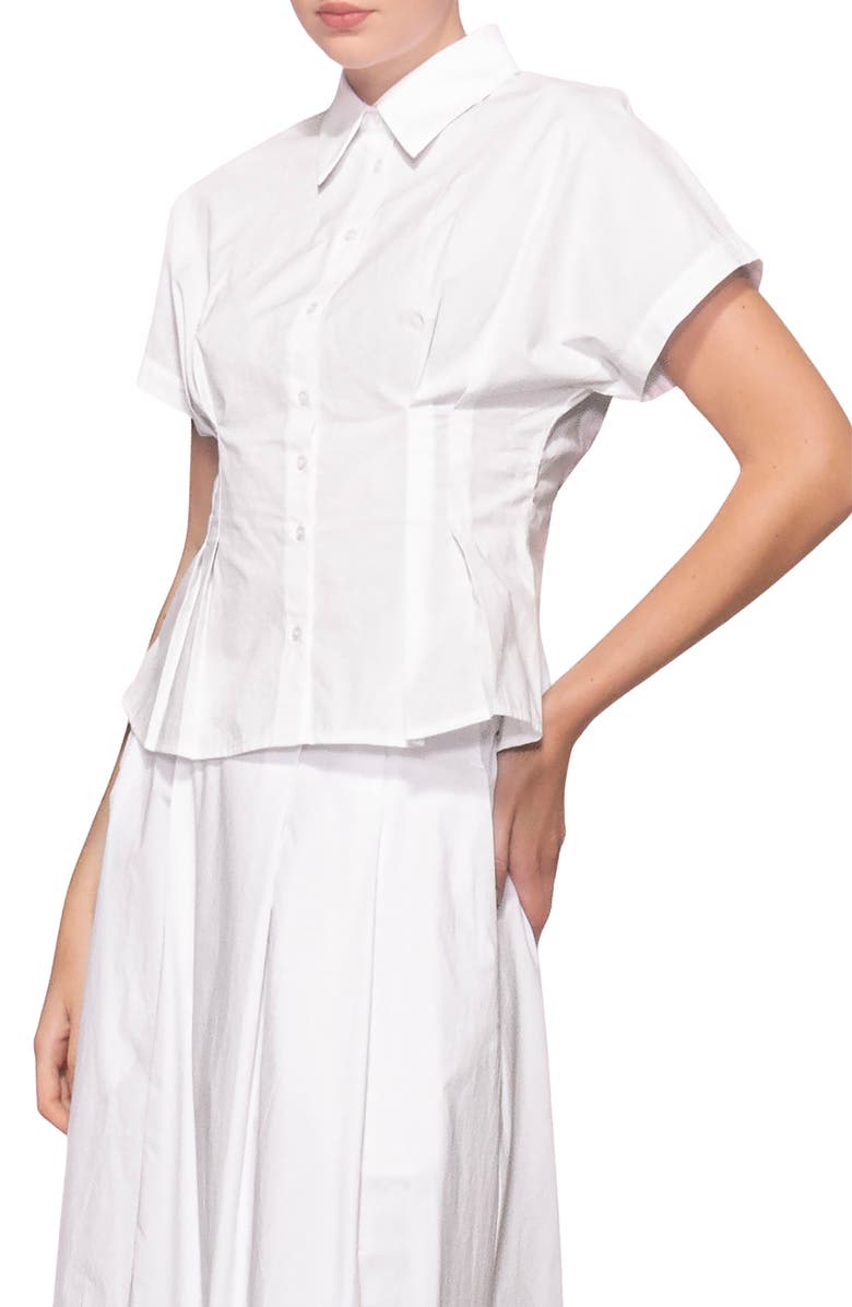 MELLODAY Godet Short Sleeve Button-Up Shirt, Alternate, color, White