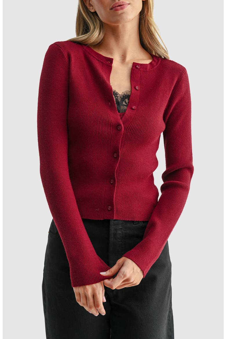Lace Inset Layered Cardigan, Main, color, BURGUNDY BLACK
