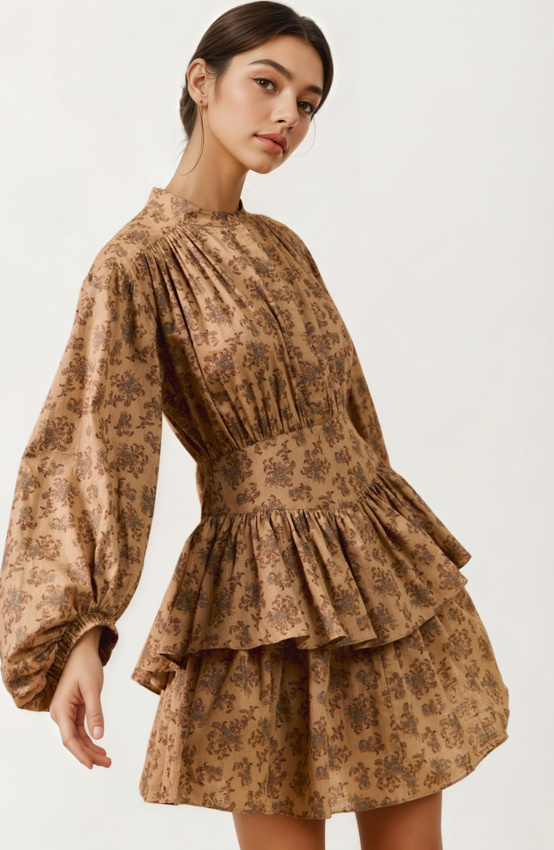 Knit and Lounge Tiered Long Sleeve Mini Dress with Smocked Waist, Alternate, color, 