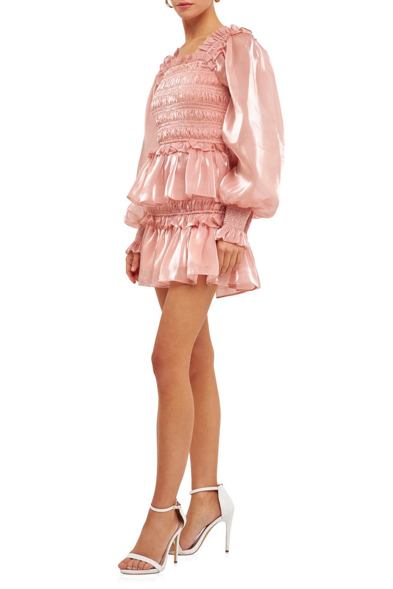 Metallic Sheen Long Sleeve Ruffle Minidress, Alternate, color, ROSE