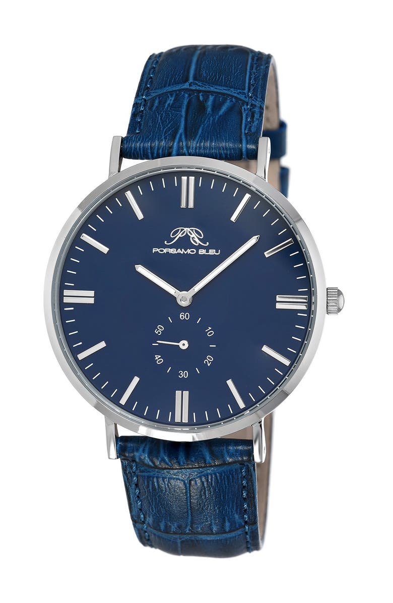 PORSAMO BLEU Men's Henry Leather Strap Watach, 40mm, Main, color, Blue-Silver