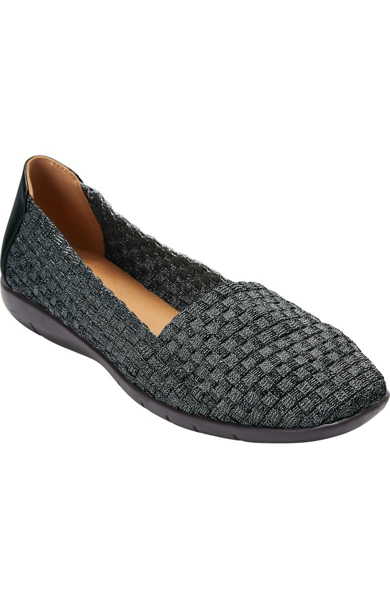 Comfortview The Bethany Stretch Woven Slip On Flat, Main, color, Black Metallic