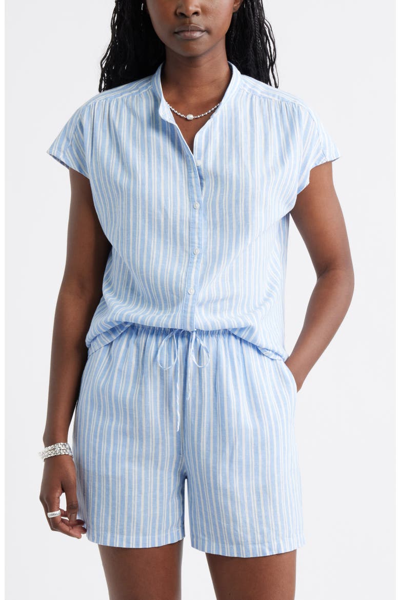 Novelty Stripe Cap Sleeve Button-Up Shirt, Main, color, BLUE - IVORY GINGER STRIPE