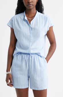 Novelty Stripe Cap Sleeve Button-Up Shirt