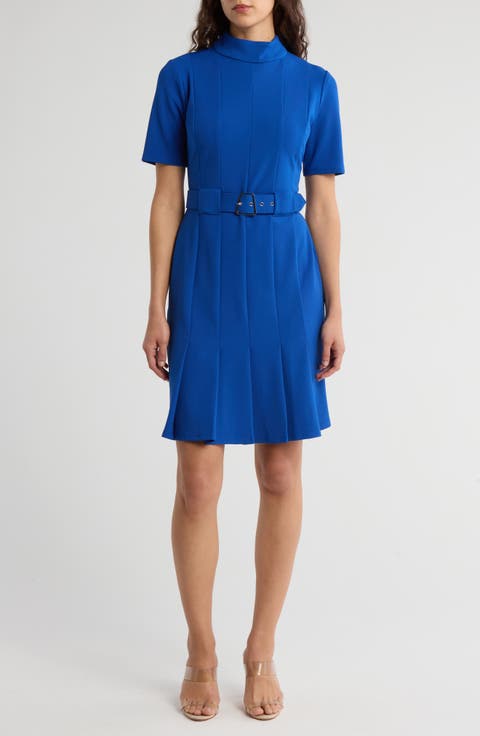 Mock Neck Belted Pleated Scuba Crepe Dress