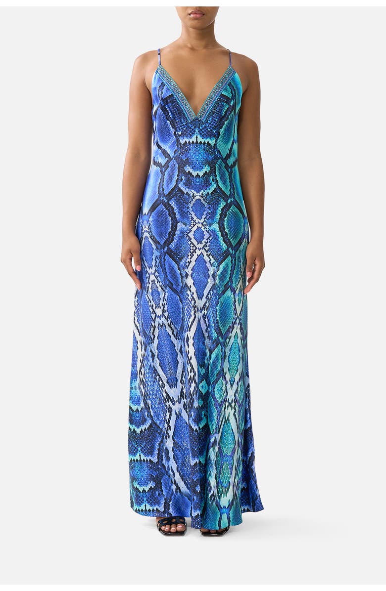 Camilla V Neck Full Length Bias Slip Dress, Main, color, The Sapphire Serpent