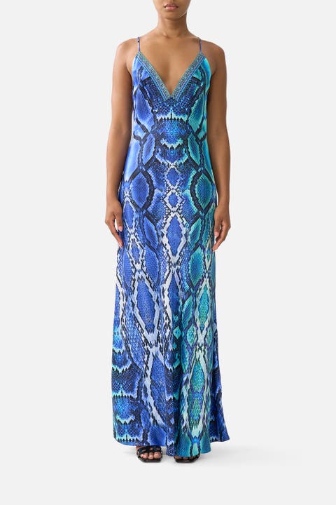 V Neck Full Length Bias Slip Dress