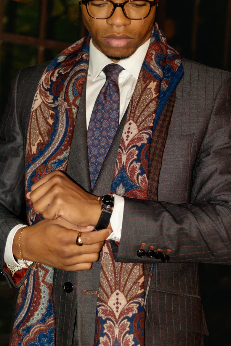 Aosta - Wool Scarf, Alternate, color, Burgundy, Blue and Brown
