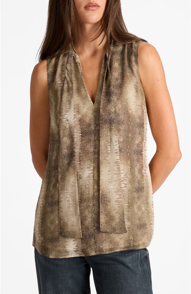 Santorelli Teca Sleeveless Printed Tie Neck Blouse, Alternate, color, Sahara