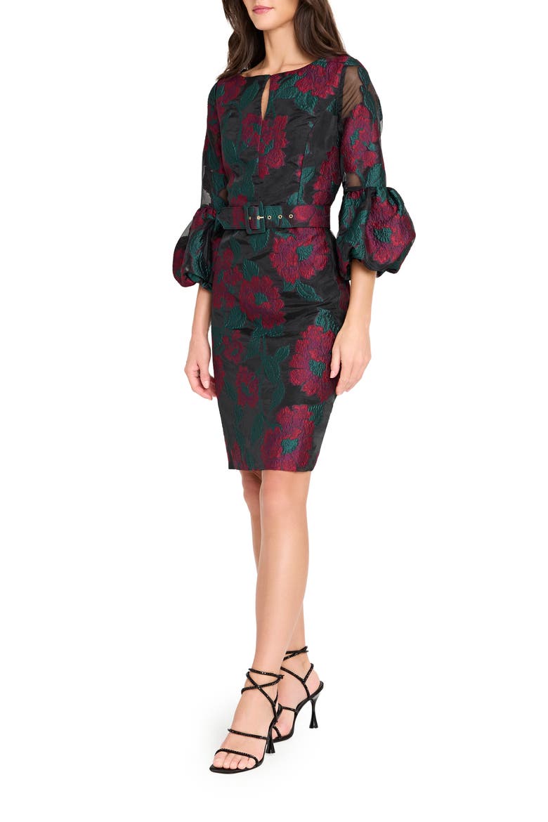 Floral Jacquard Sheath Dress, Alternate, color, BLACK RED