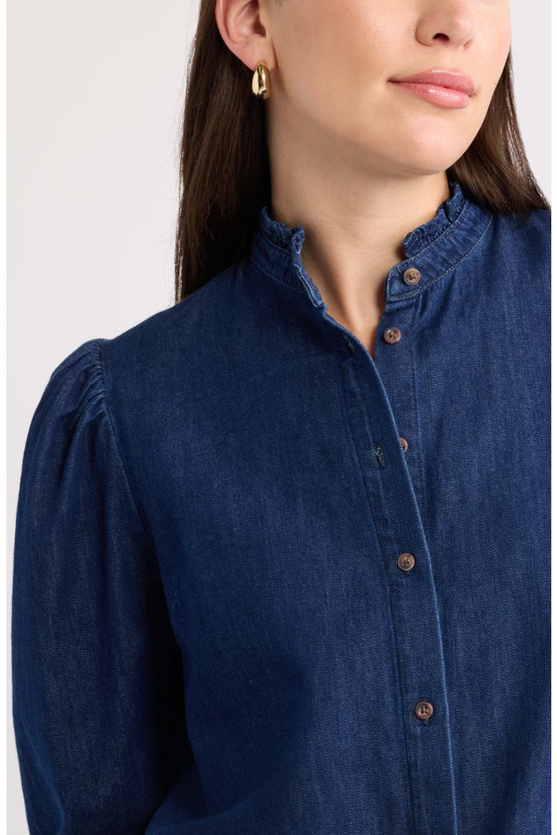 Ruffle Neck Puffed Sleeve Chambray Shirt, Alternate, color, DARK WASH