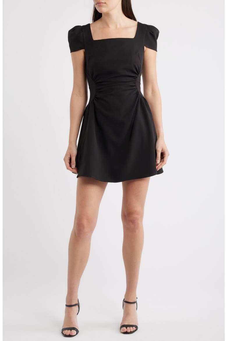 Tilly Ruched Puff Sleeve Flare Dress, Main, color, BLACK