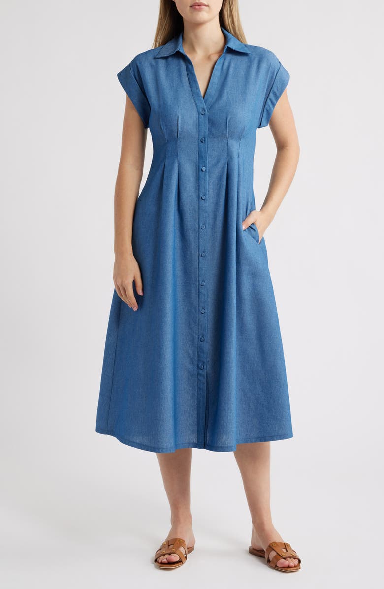 Julia Jordan Fit & Flare Denim Shirtdress, Main, color, Blue