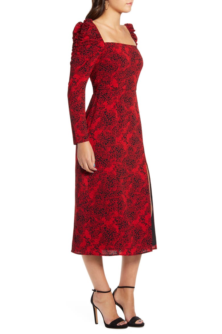 Spatter Print Square Neck Long Sleeve Midi Dress, Alternate, color, RED CHILI- BLACK DOT