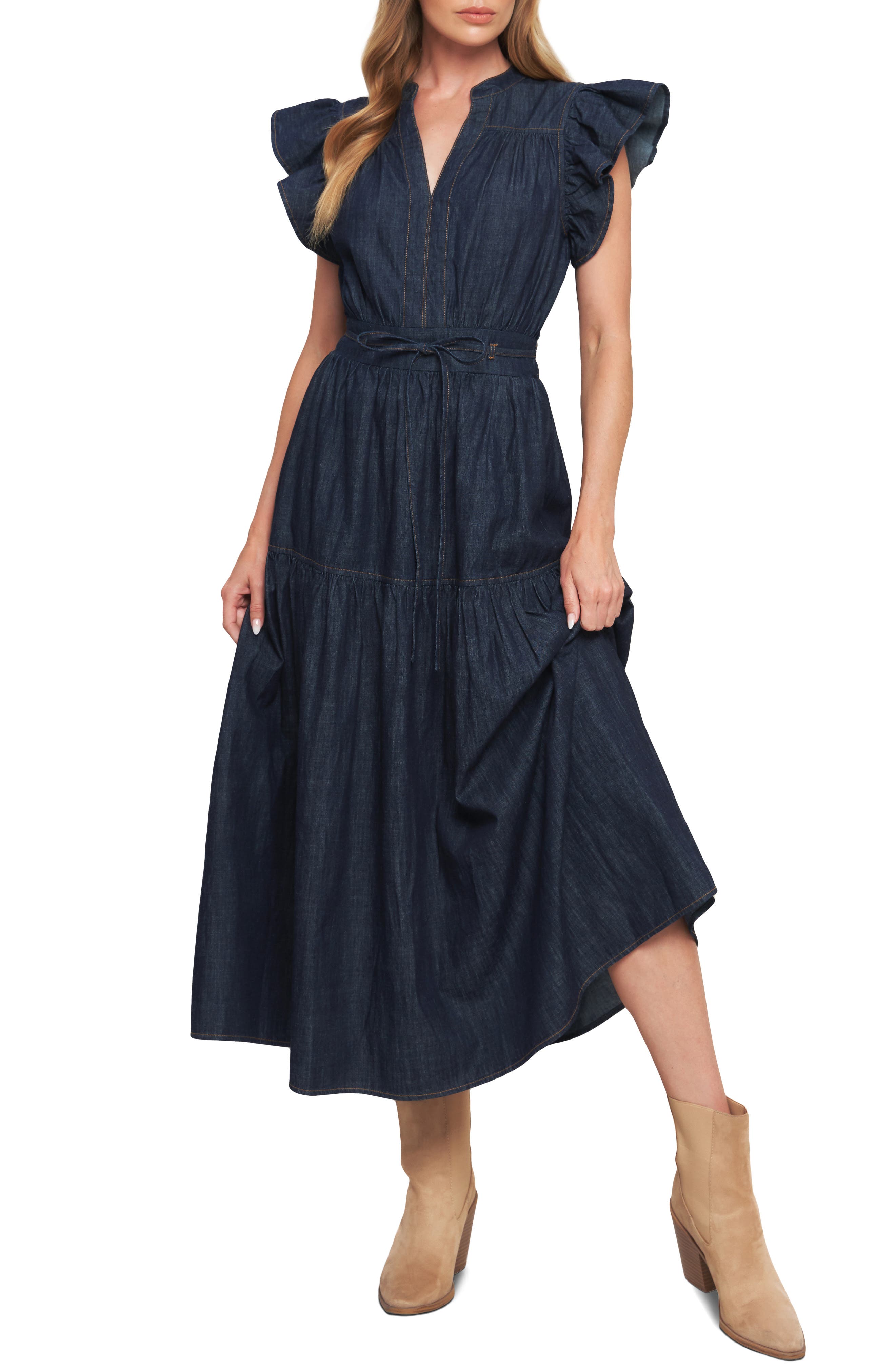 FLYING TOMATO Flutter Sleeve Denim Maxi Dress