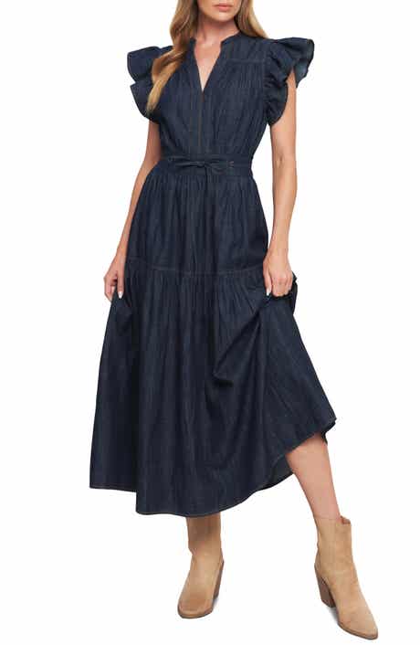 FLYING TOMATO Flutter Sleeve Denim Maxi Dress