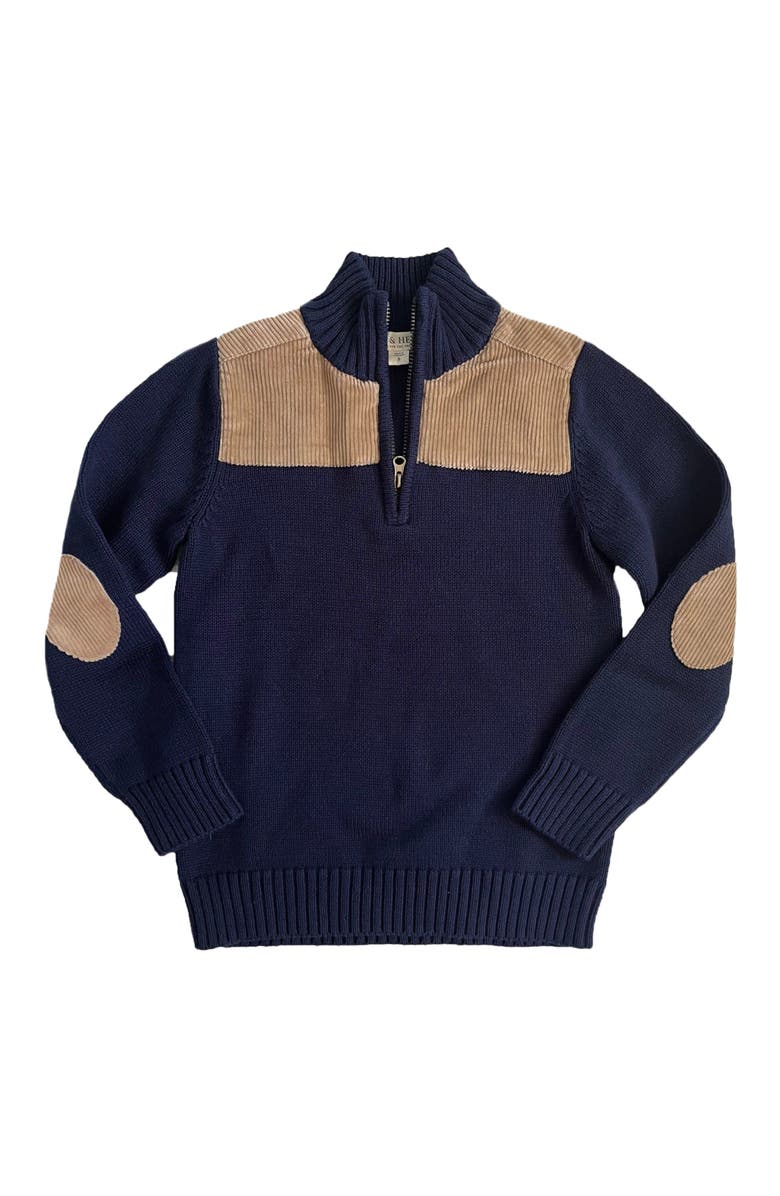 Hope & Henry Baby Boys' Half-Zip Sweater with Cord Yoke, Infant, Main, color, Navy Brown Corduroy Trim