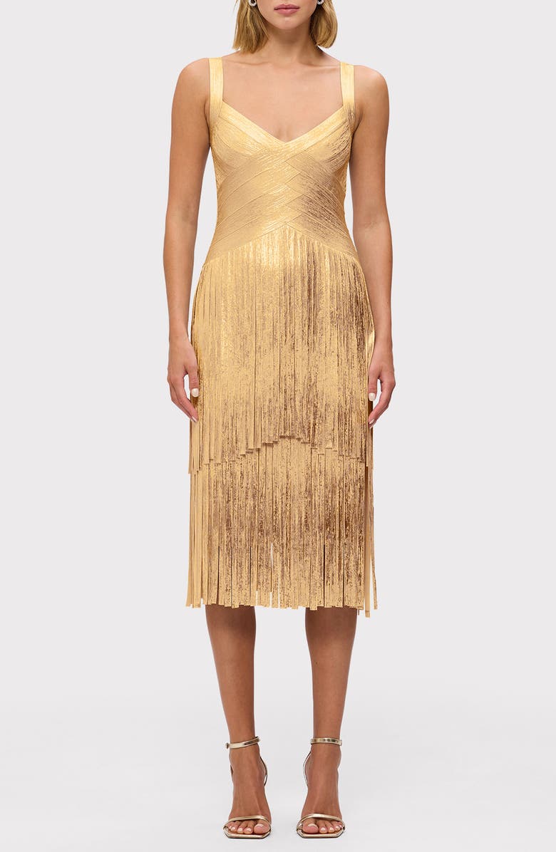 Herve Leger The Metallic Mischa Fringe Dress, Main, color, Gold Foil