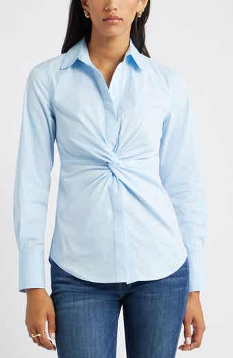 Open Edit Twist Front Stretch Cotton Blend Button-Up Shirt