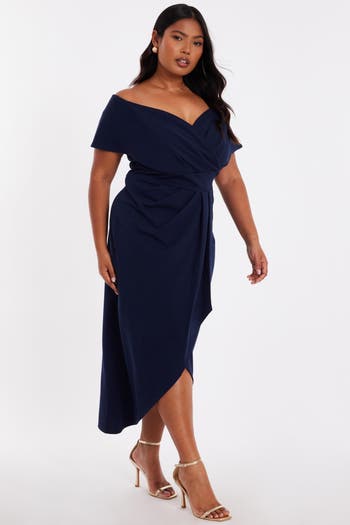 Plus Size Scuba Crepe Bardot Wrap Midi Dress