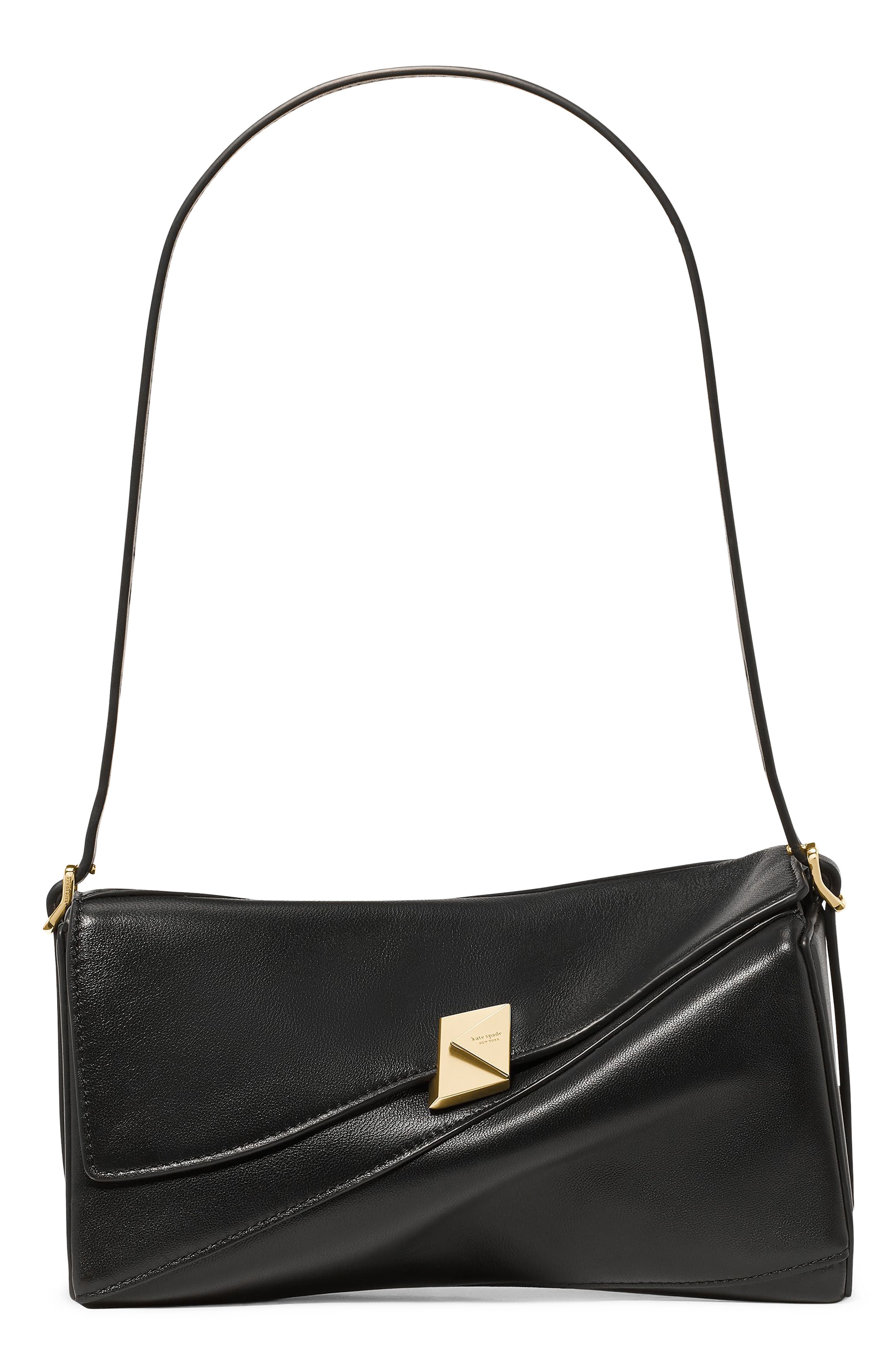 Deco Smooth Leather Twisted Flap Shoulder Bag, Main, color, BLACK