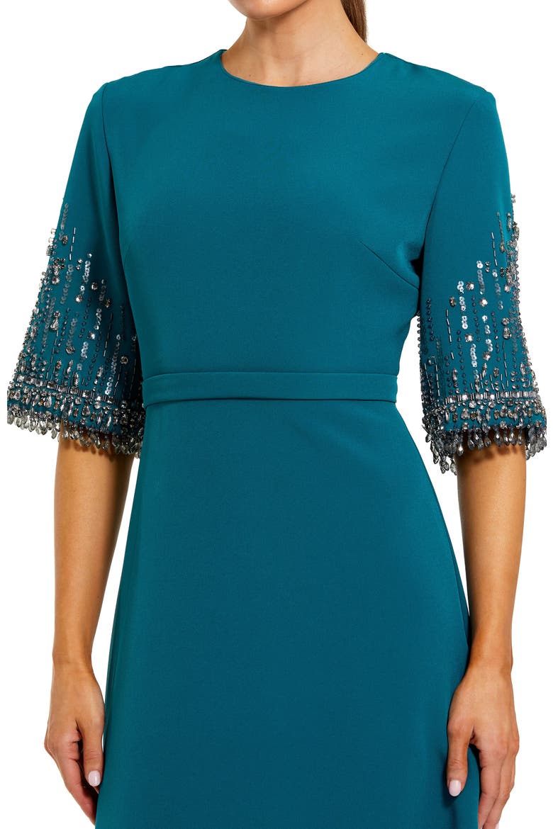 Women's Crepe A Line Gown With Beaded 3/4 Sleeves, Alternate, color, Ocean