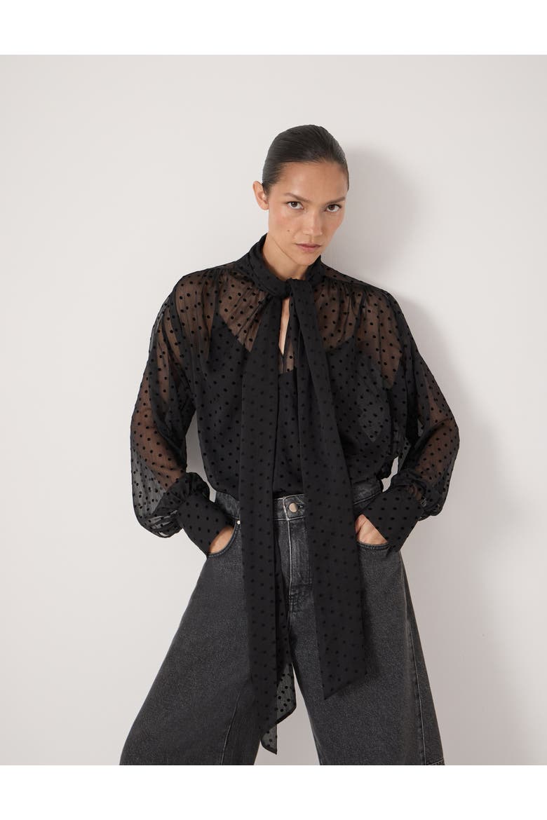 Tie Neck Flocked Spot Blouse, Alternate, color, Black