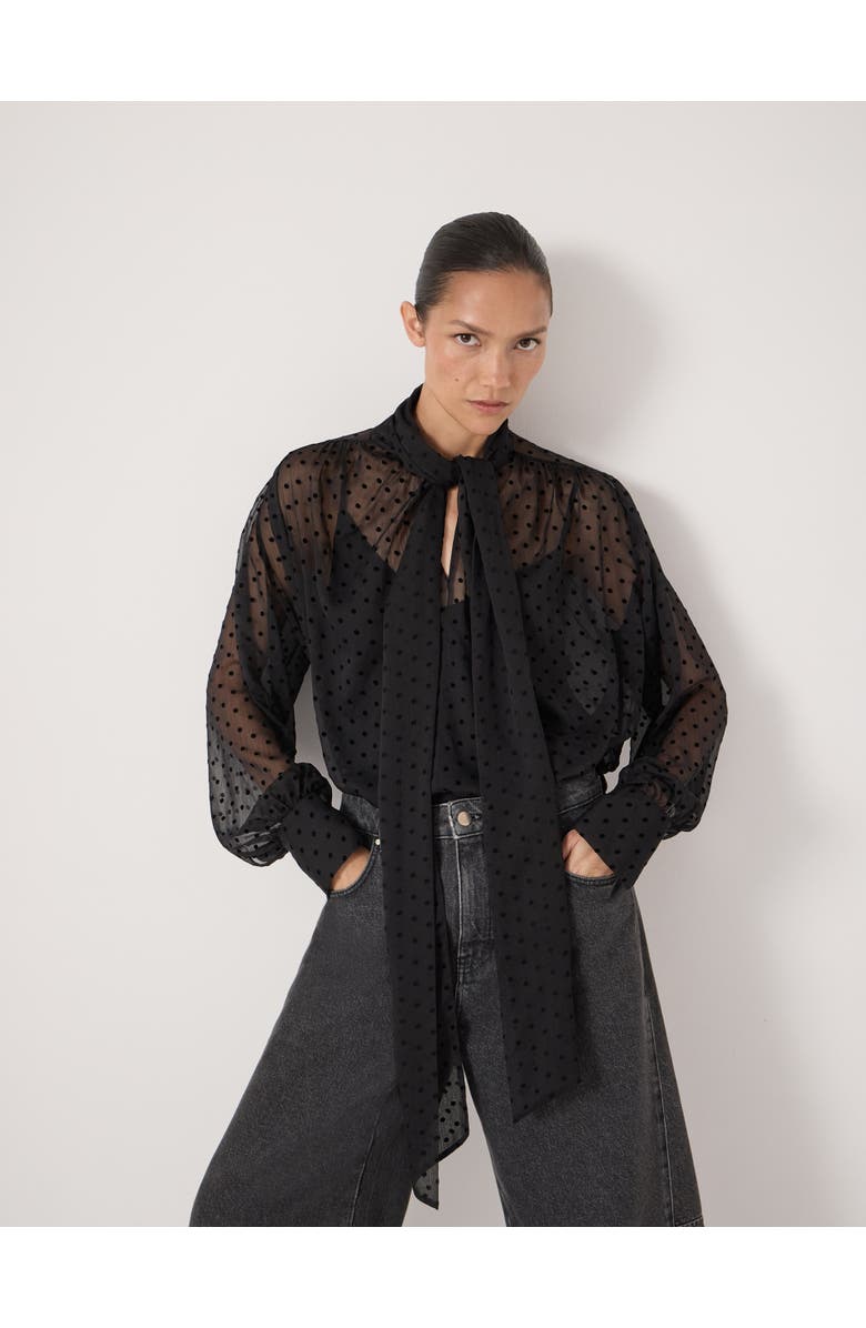 Hush Tie Neck Flocked Spot Blouse, Alternate, color, Black