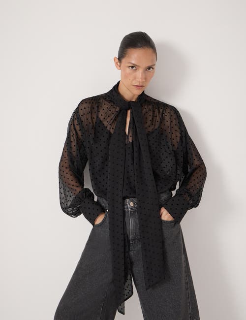 Hush Tie Neck Flocked Spot Blouse In Black