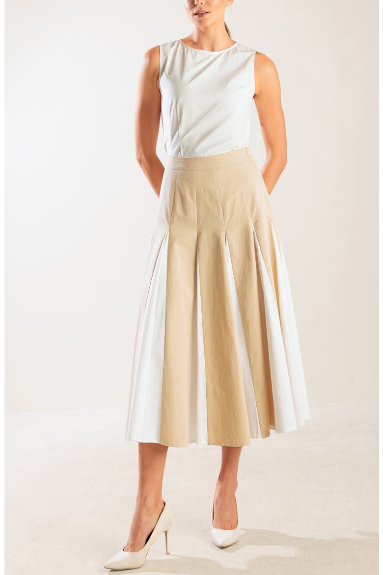 Colorblocked Cotton Pleated Midi Skirt, Alternate, color, KHAKI/ WHITE