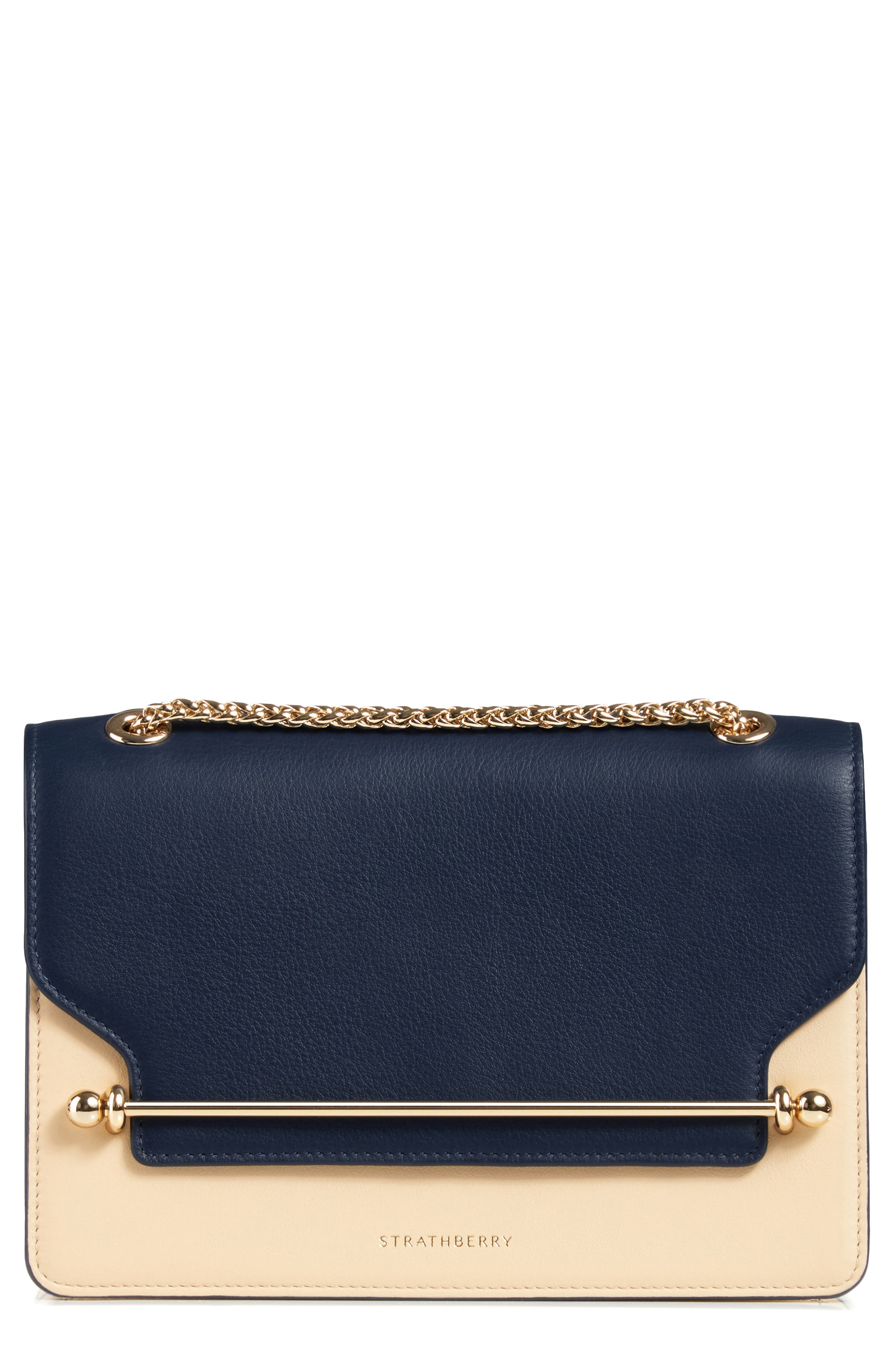 Bicolor East/West Leather Crossbody Bag, Main, color, NAVY/ SAND