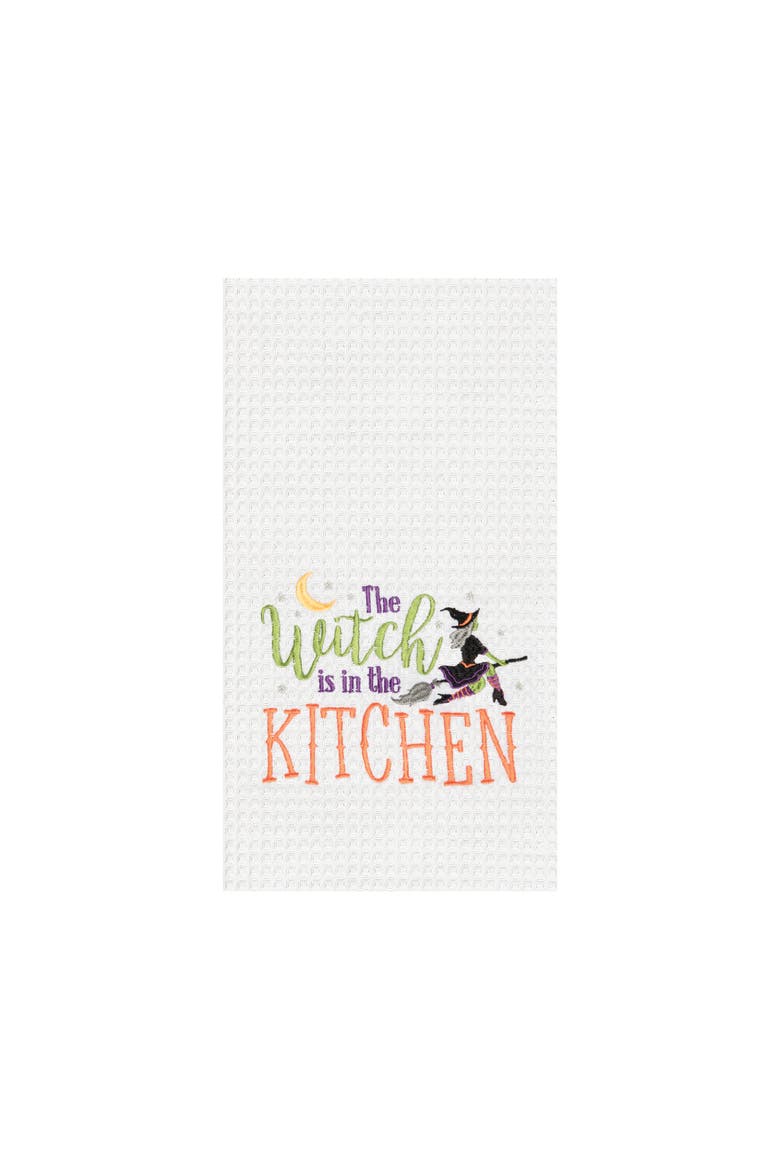 Witch Is In The Kitchen Halloween Cotton Embroidered Waffle Weave Kitchen Towel, Main, color, White