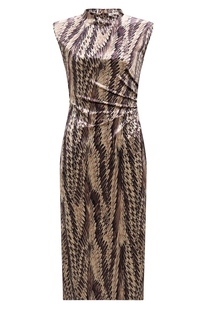 Darrius Printed Ruched Sleeveless Sheath Dress, Alternate, color, FEATHER BOA SM
