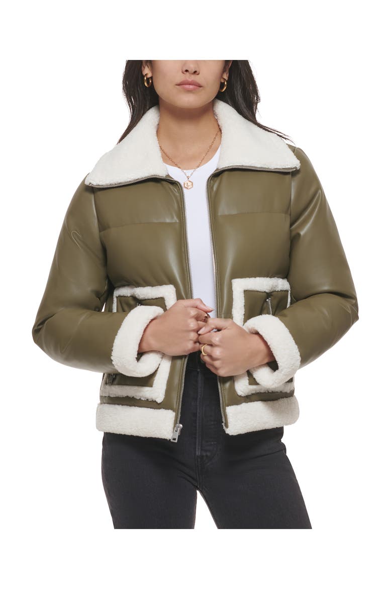 Faux Leather Puffer Jacket with Faux Shearling Trim, Alternate, color, OLIVE