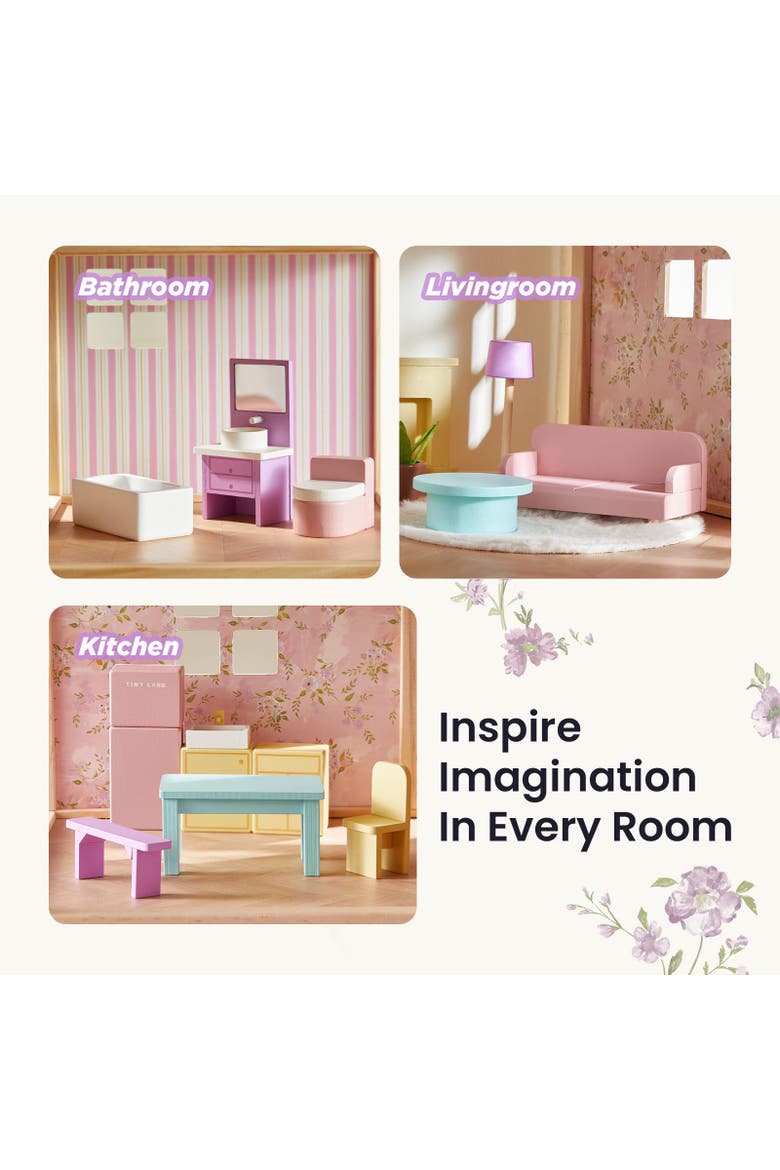 6 Room Wooden Dollhouse Set with 31 Piece Furniture for Kids, Alternate, color, Multicolor