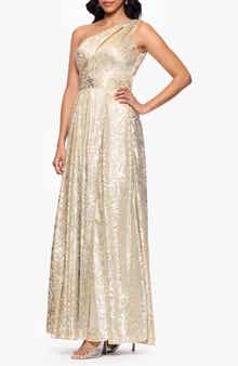 Betsy & Adam One-Shoulder Foil Flower Gown