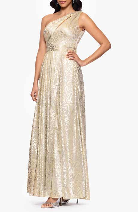 Betsy & Adam One-Shoulder Foil Flower Gown