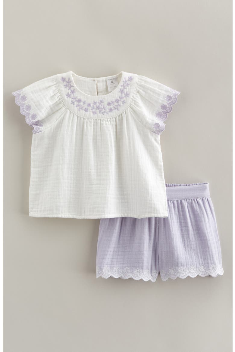 Flutter Sleeve Cotton Gauze Top & Shorts Set, Main, color, WHITE- PURPLE