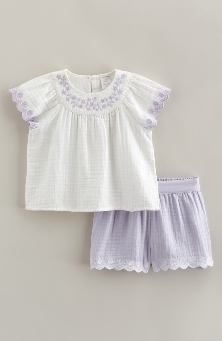 Nordstrom Flutter Sleeve Cotton Gauze Top & Shorts Set, Main, color, White- Purple