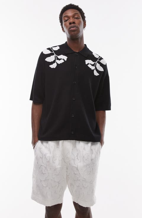 Oversize Embroidered Knit Short Sleeve Button-Up Shirt