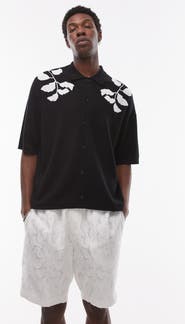 Topman Oversize Embroidered Knit Short Sleeve Button-Up Shirt