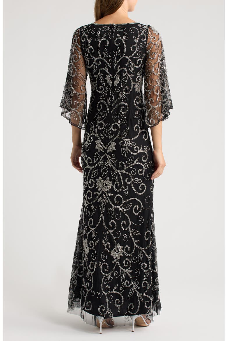 Beaded Three Quarter Sleeve Gown, Alternate, color, BLACK/ SILVER 013