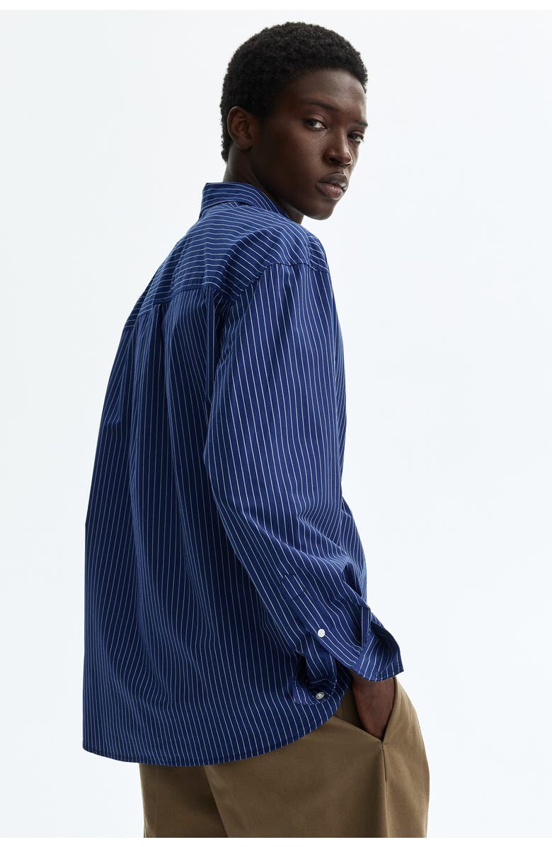H&M Relaxed Fit Printed Cotton Poplin Shirt, Alternate, color, Dark Blue/Striped